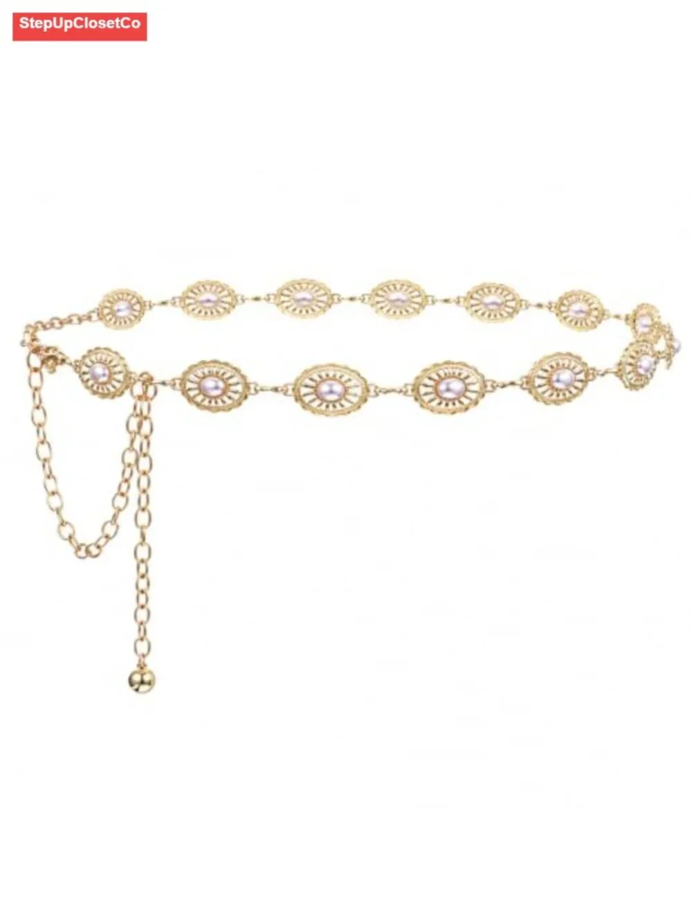 Adjustable Gold Waist Chain Belt Women Boho Vintage Pearl Metal Concho Belt